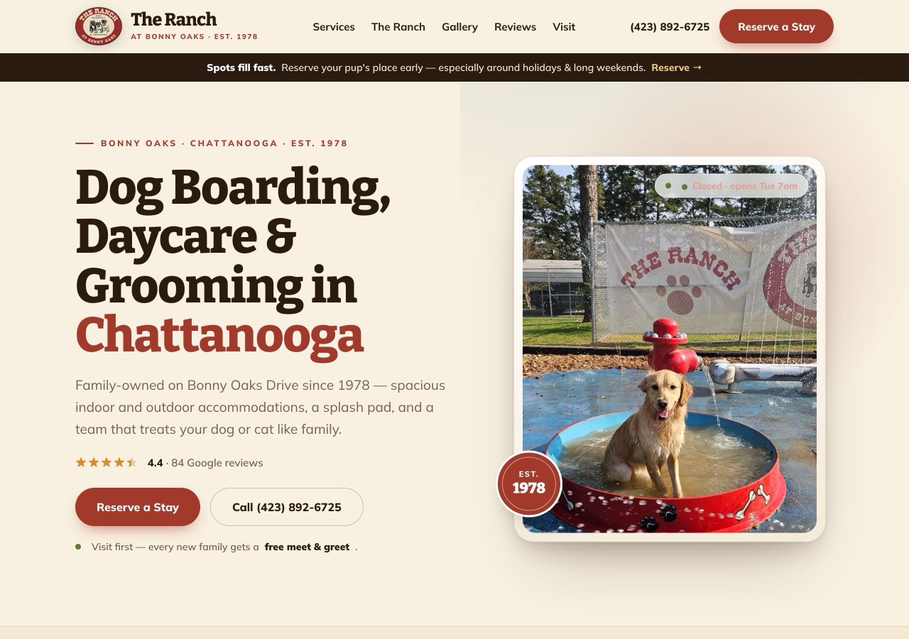 The Ranch at Bonny Oaks, GloUp redesign (Pet resort)